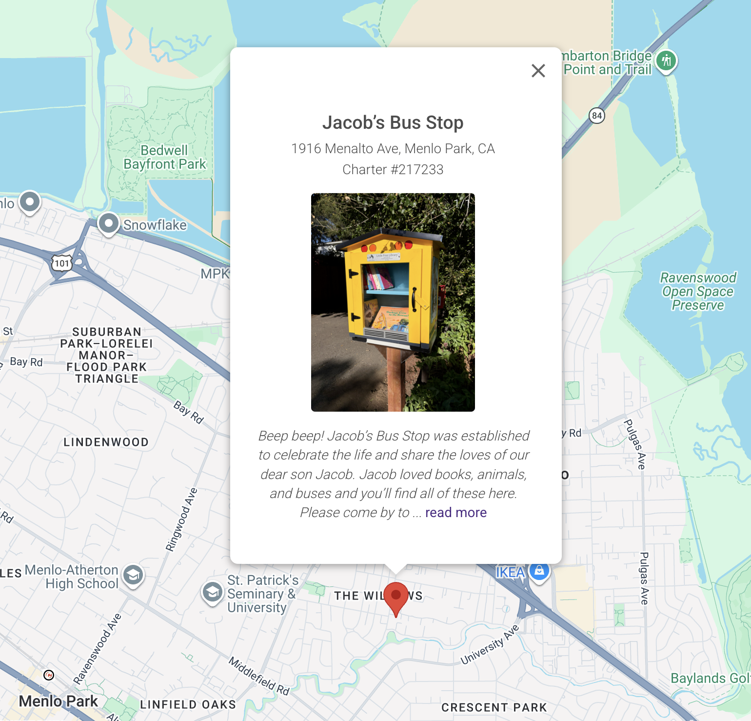 Map showing Jacob's Bus Stop location in Menlo Park