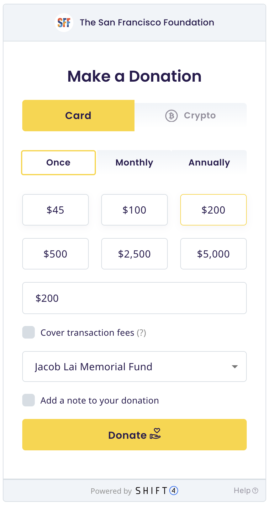 Example of the San Francisco Foundation donation form with the Jacob Lai Memorial Fund selected